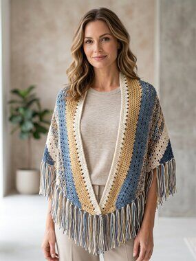 NEW Blue Beige Hand Knitted Shawl Wrap Scarf Boho Fringe Cottage Coastal Earthy‎